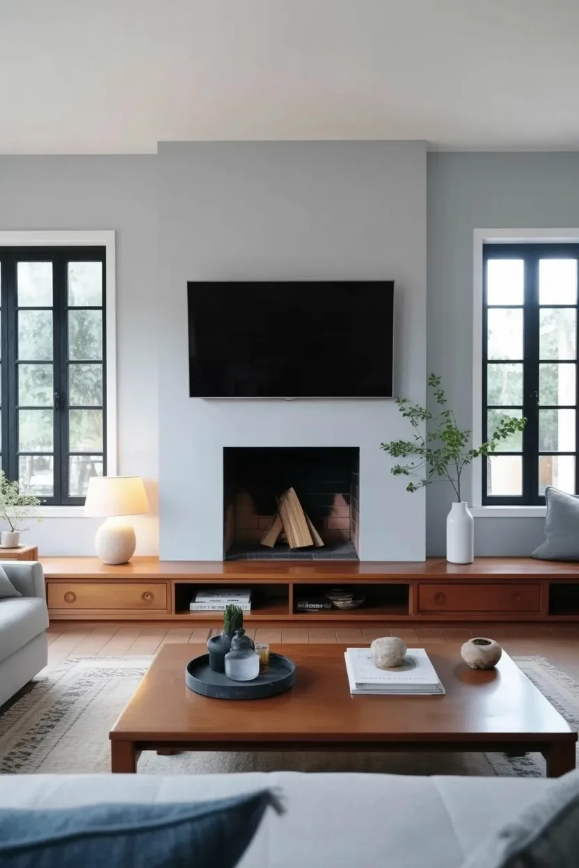 Japandi style living room with low wooden media console, fireplace and TV above