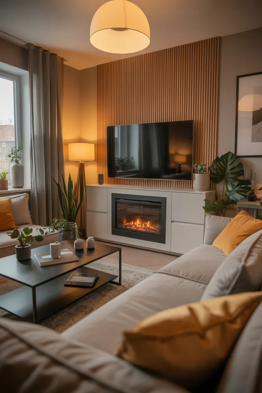 Scandinavian living room with vertical wood slat wall behind TV and fireplace