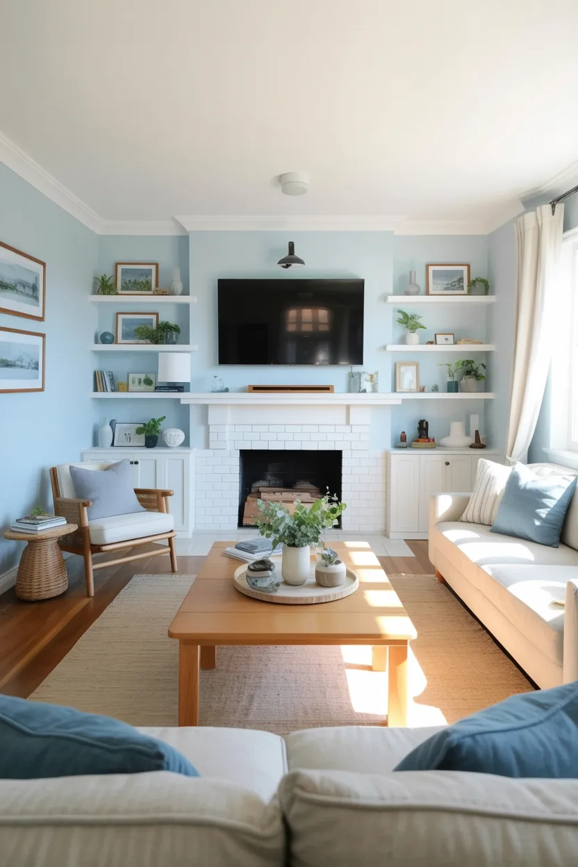 bright small living room with white fireplace wall and TV