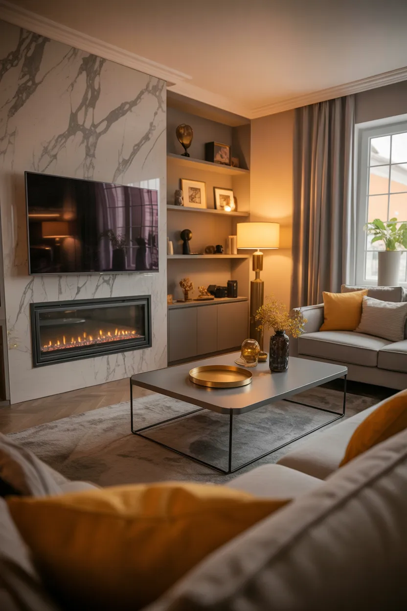elegant living room with marble fireplace wall and mounted TV