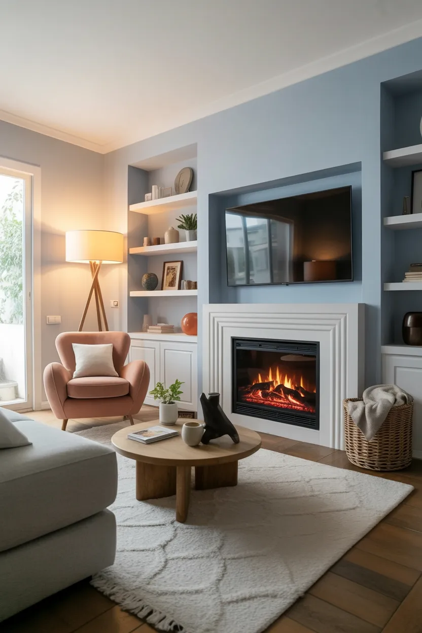 living room with fireplace and TV plus cozy reading nook