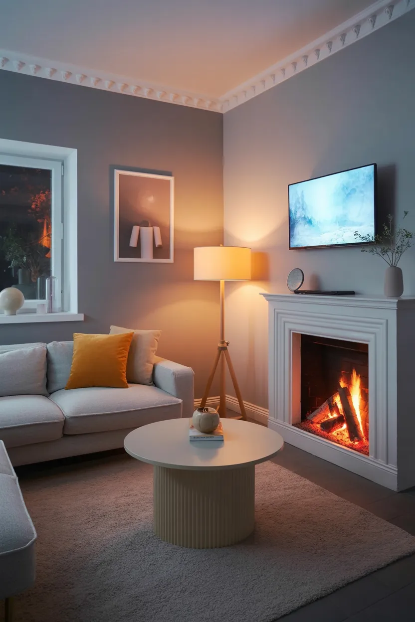 minimalist living room with fireplace and TV