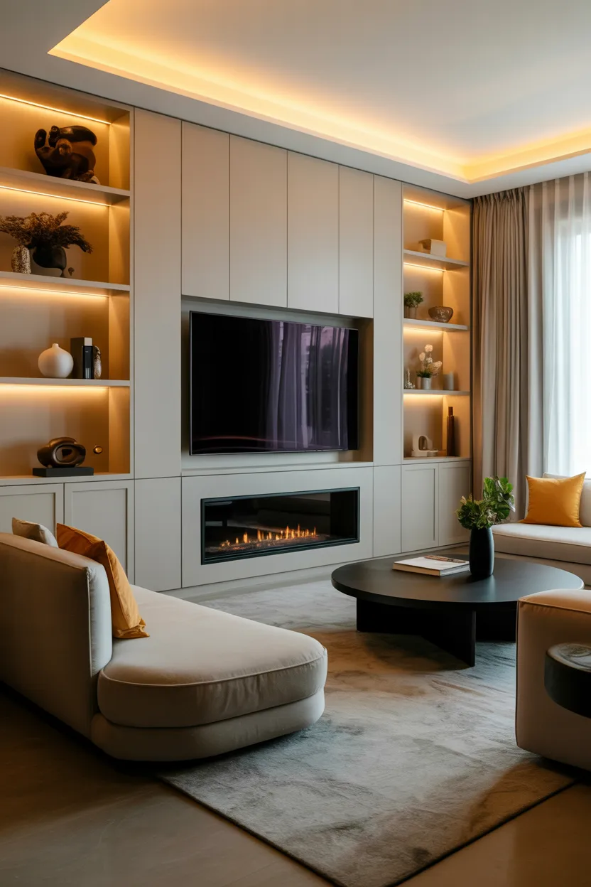modern living room with built-in cabinets around fireplace and TV