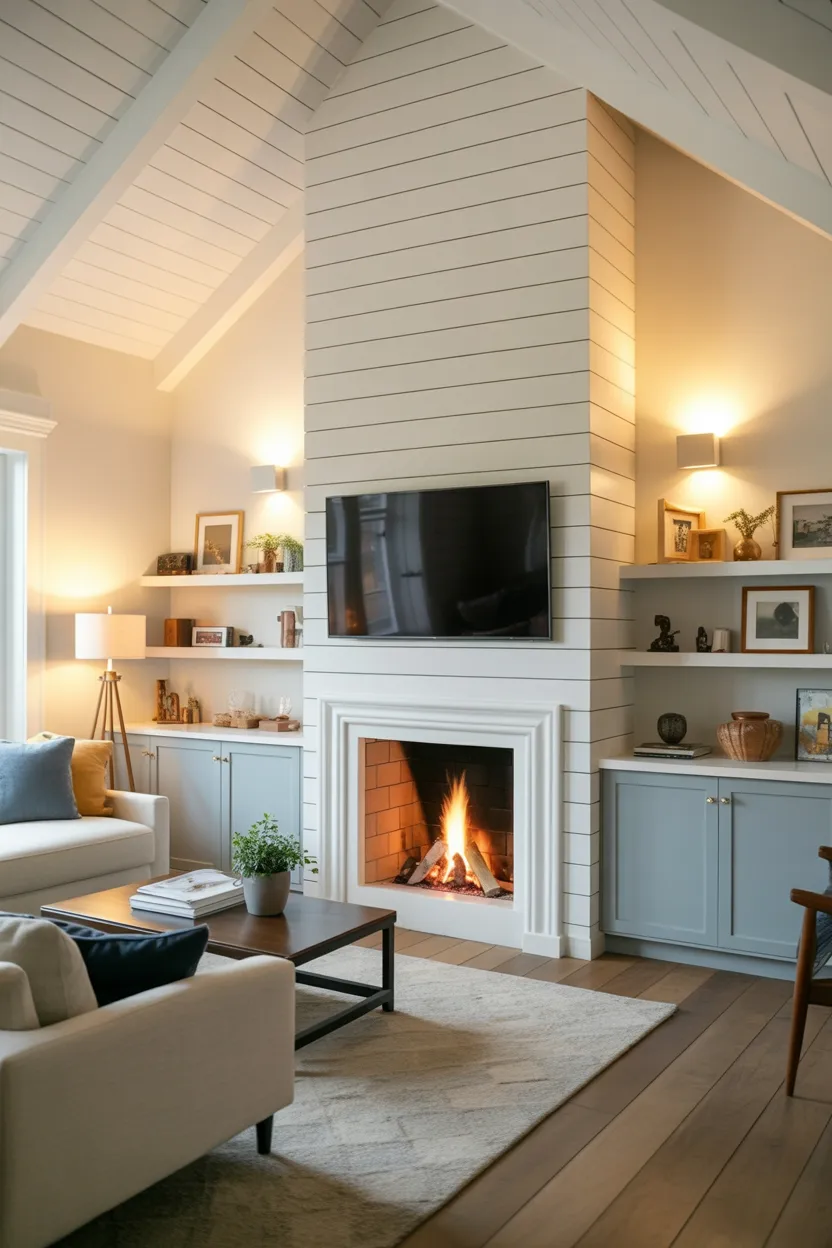 modern living room with tall narrow vertical fireplace under TV