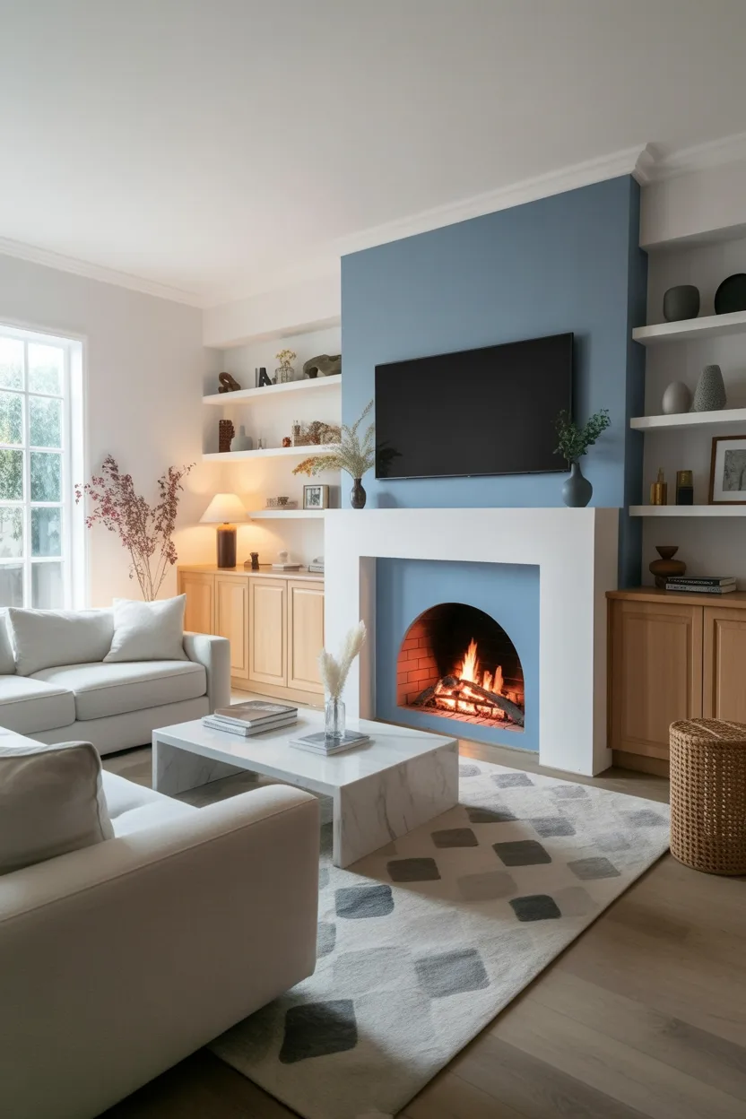 modern living room with two-tone painted fireplace wall
