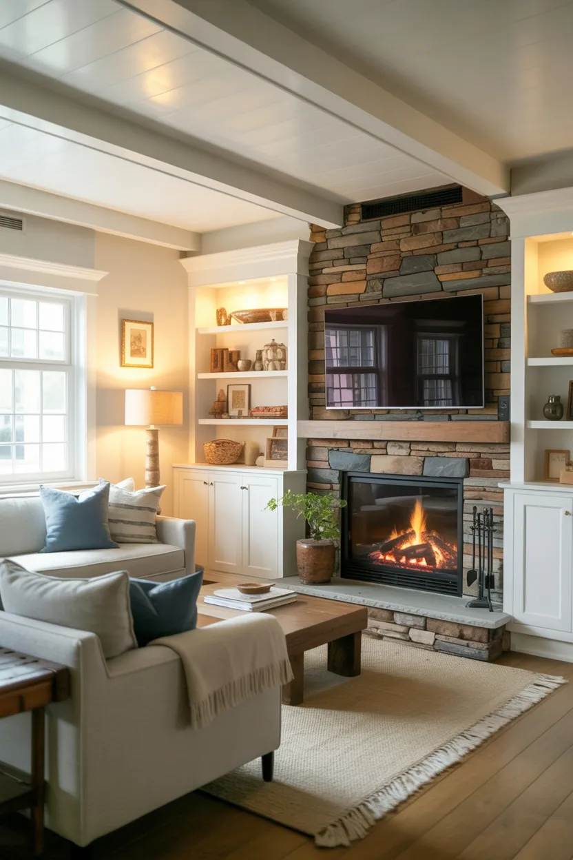 modern rustic living room with stone veneer fireplace wall and TV