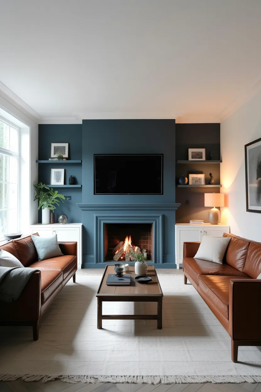 moody living room with dark painted fireplace wall, TV blending into wall
