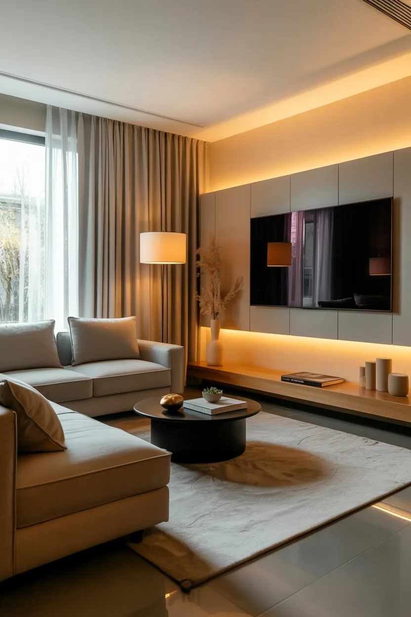 small cozy living room with floating wooden mantel under TV