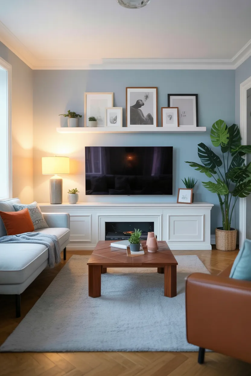 stylish living room with art ledge under TV